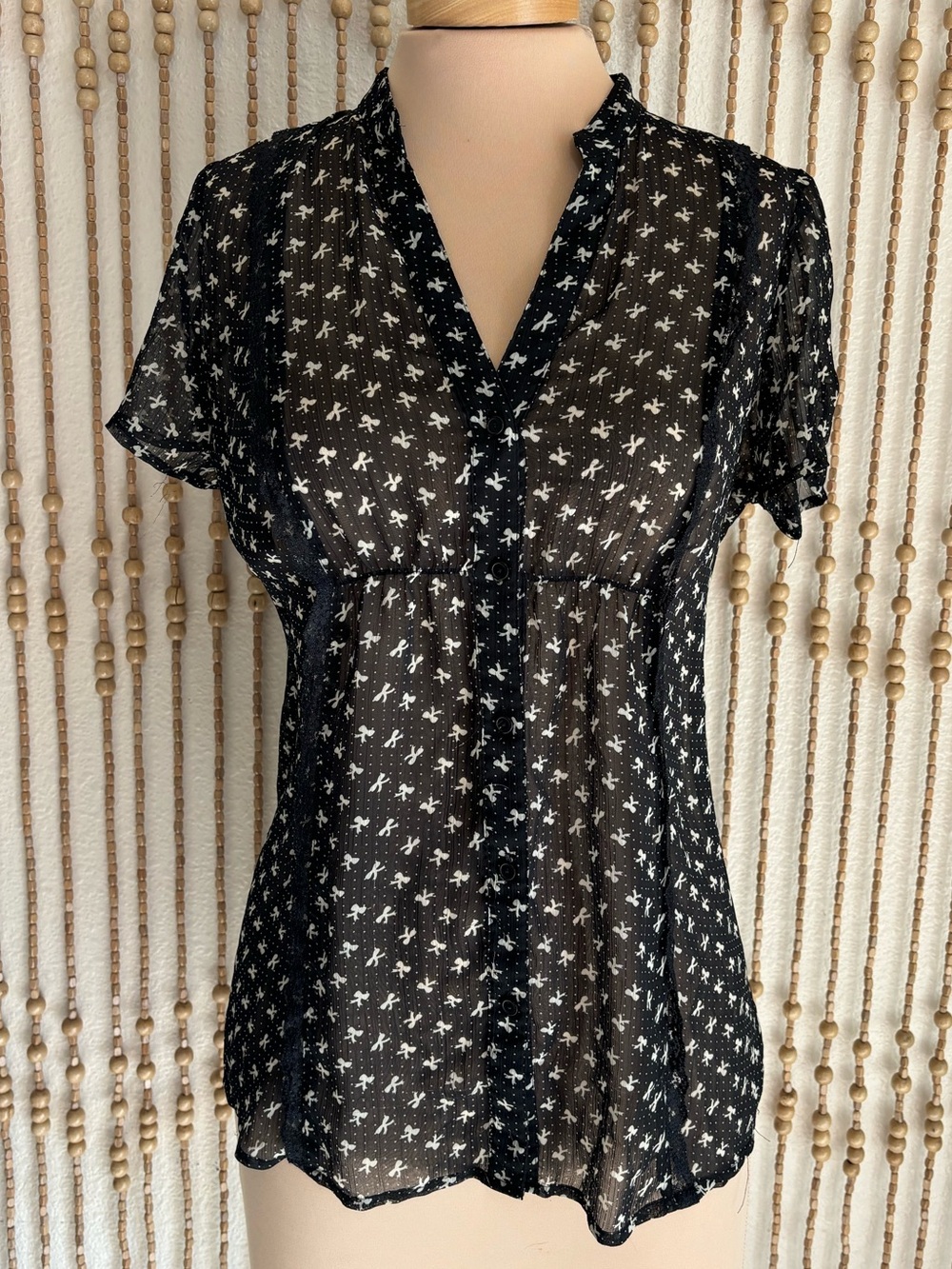 Love Squared Y2K Black White Polka Dot Bow Print Feminine Goth Emo Babydoll Top